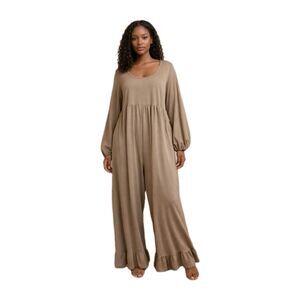 NEW Three Bird Nest Romper Women's XL Brown Ruffled Wide Leg Long Pockets Boho